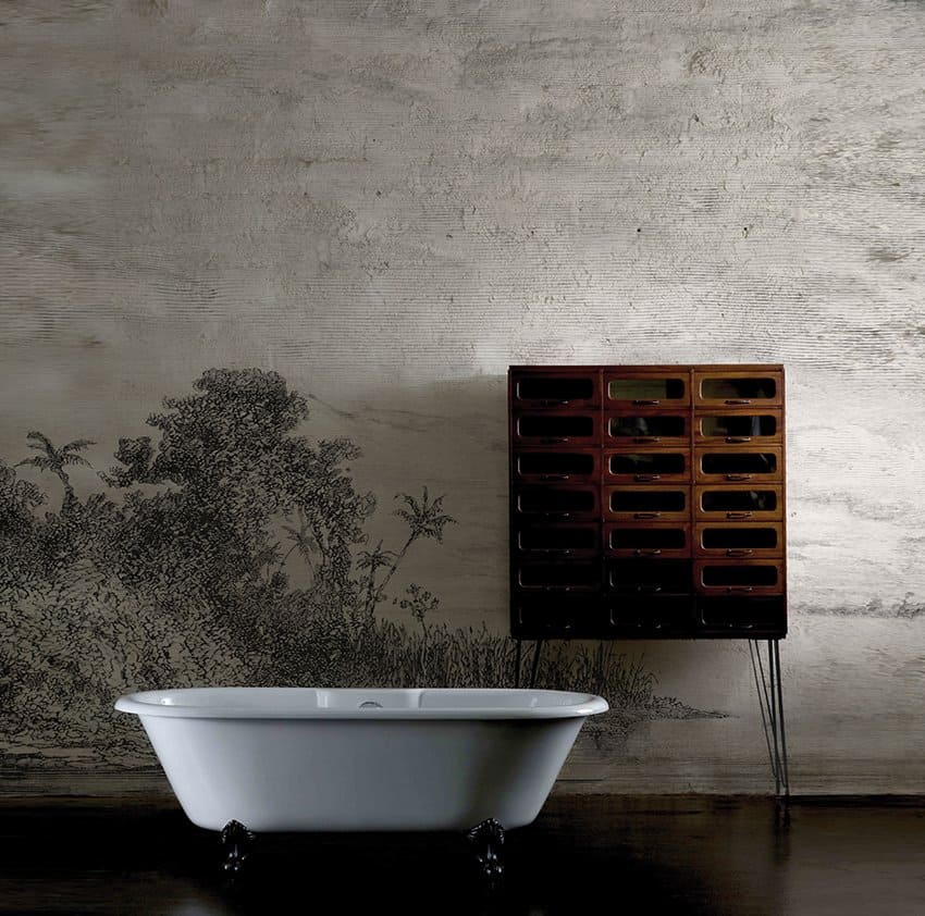 Vasche da bagno in stile industriale con parete decorativa, perfette per ambienti eleganti e moderni.